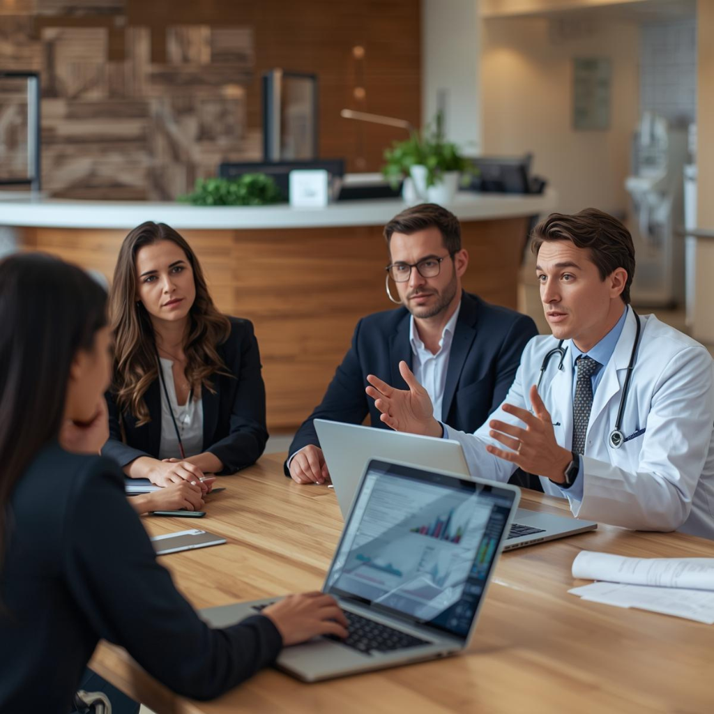 Medical billing specialists reviewing revenue cycle reports with a healthcare provider